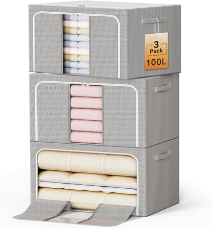 Clothes Storage Bins with Metal Frame Foldable Storage Box Clothes Organizers Storage Containers for Clothes Sheets Blankets Books Toys Gifts and Holiday Decorations (66Lx3 Pack)