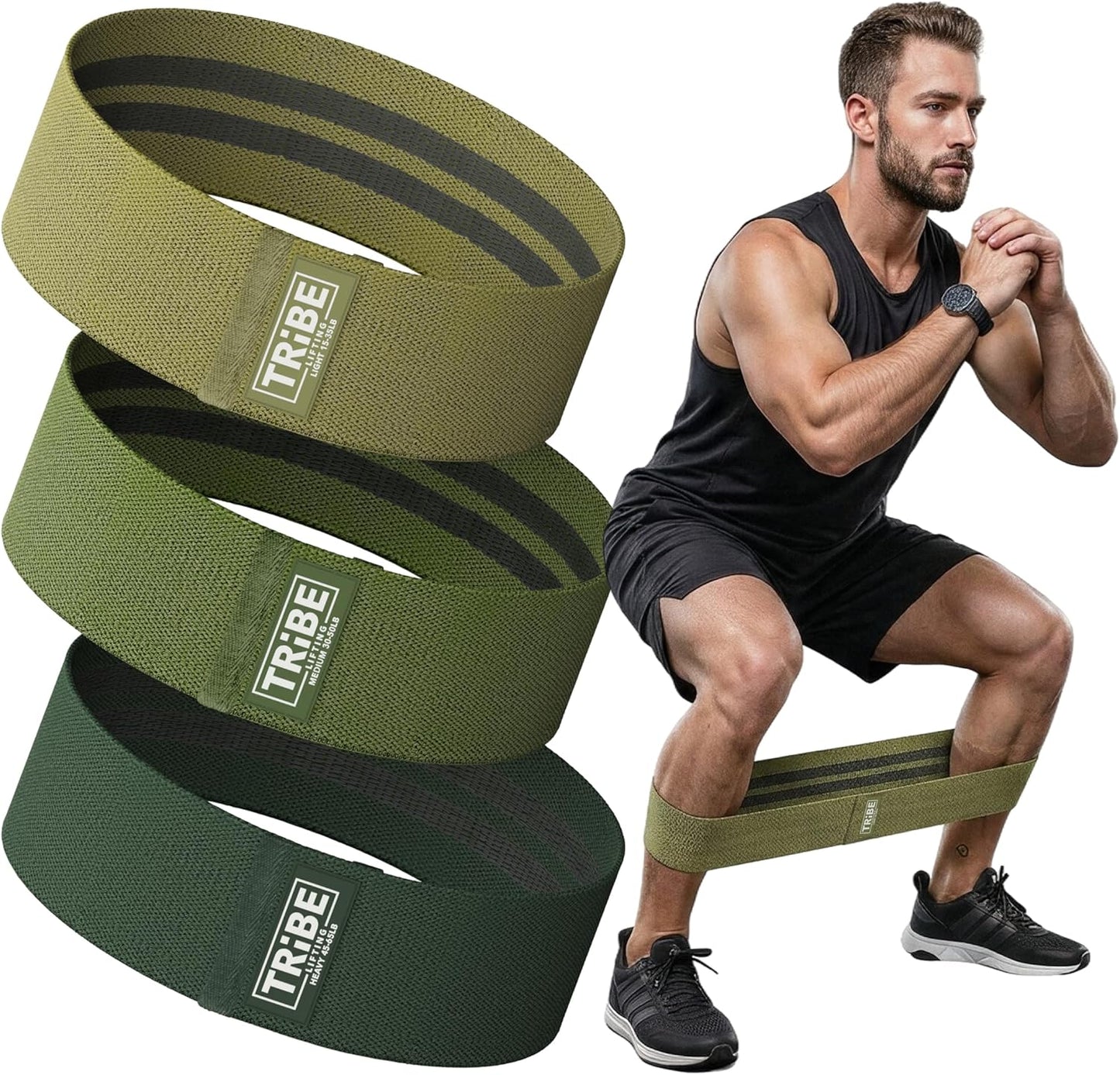 Tribe Lifting Resistance Bands for Working Out - 3 Pack Fabric Workout Bands for Women and Men - Booty Bands for Legs and Glute - Non Slip Exercise Bands Set for Squat Hip Thigh