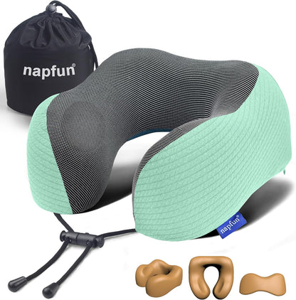 napfun Neck Pillow for Traveling, Upgraded Travel Neck Pillow for Airplane 100% Pure Memory Foam Travel Pillow for Flight Headrest Sleep, Portable Plane Accessories, Light Grey