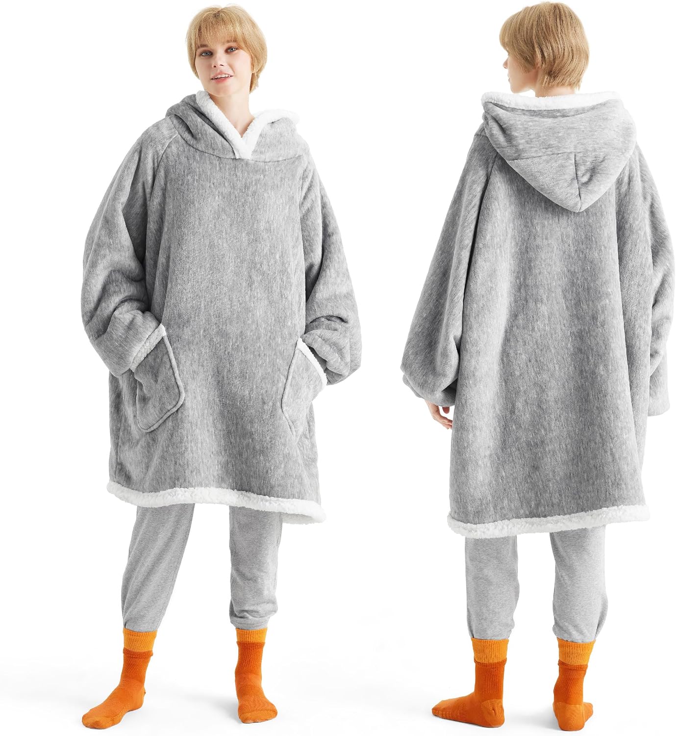 Bedsure Blanket Hoodie, Wearable Blanket Hoodie as Gifts for Mom, Birthday Gifts for Women Kids Teens Mother's Day Sherpa Sweatshirt, Grey, Standard