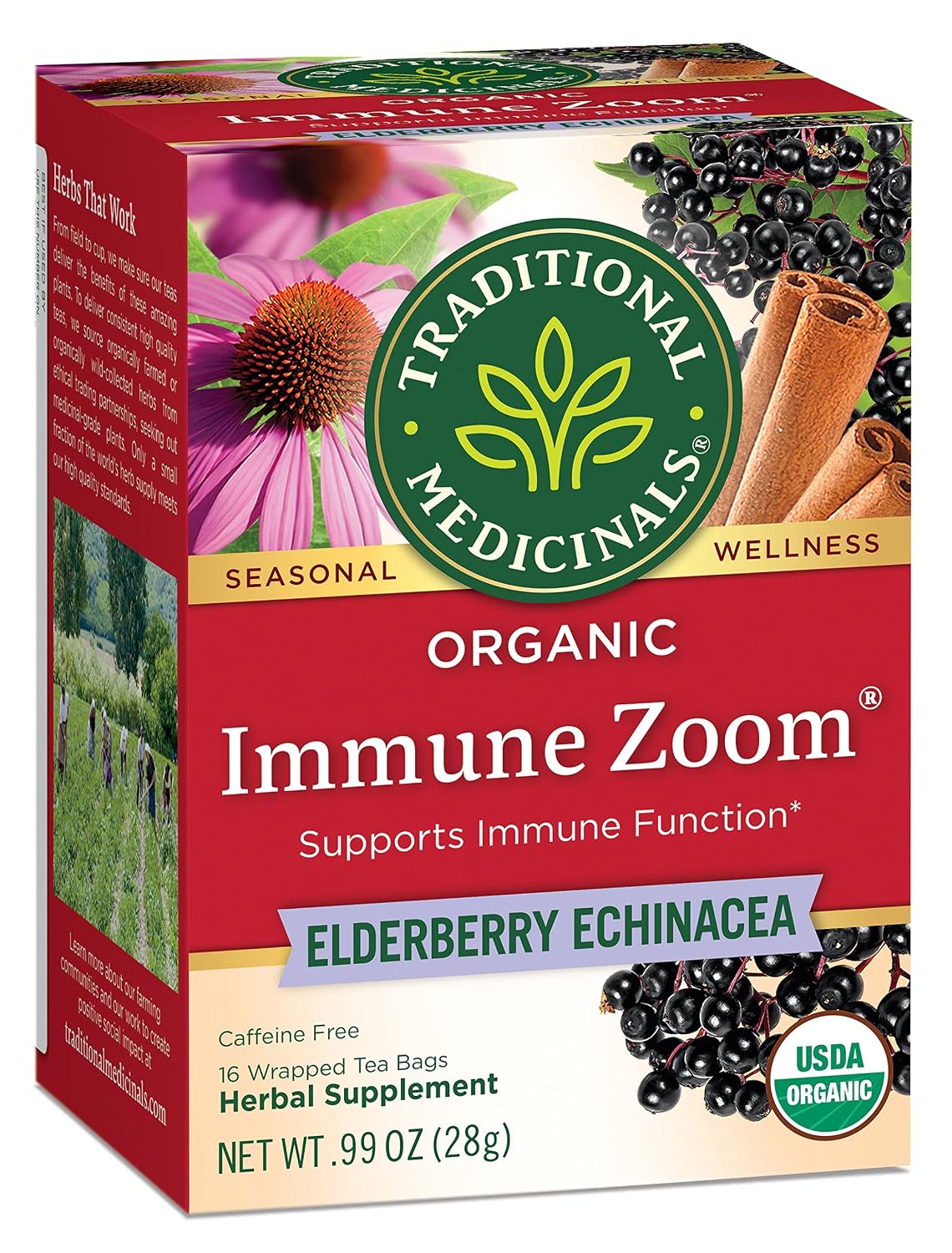 Traditional Medicinals, Organic Immune Zoom Echinacea Elderberry Tea Immune Elderberry, 16 Count (Pack of 2)