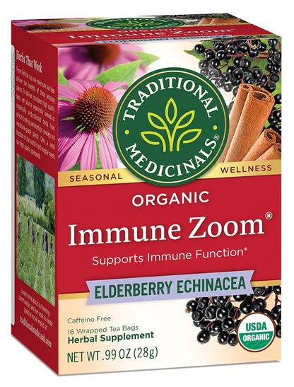 Traditional Medicinals, Organic Immune Zoom Echinacea Elderberry Tea Immune Elderberry, 16 Count (Pack of 2)