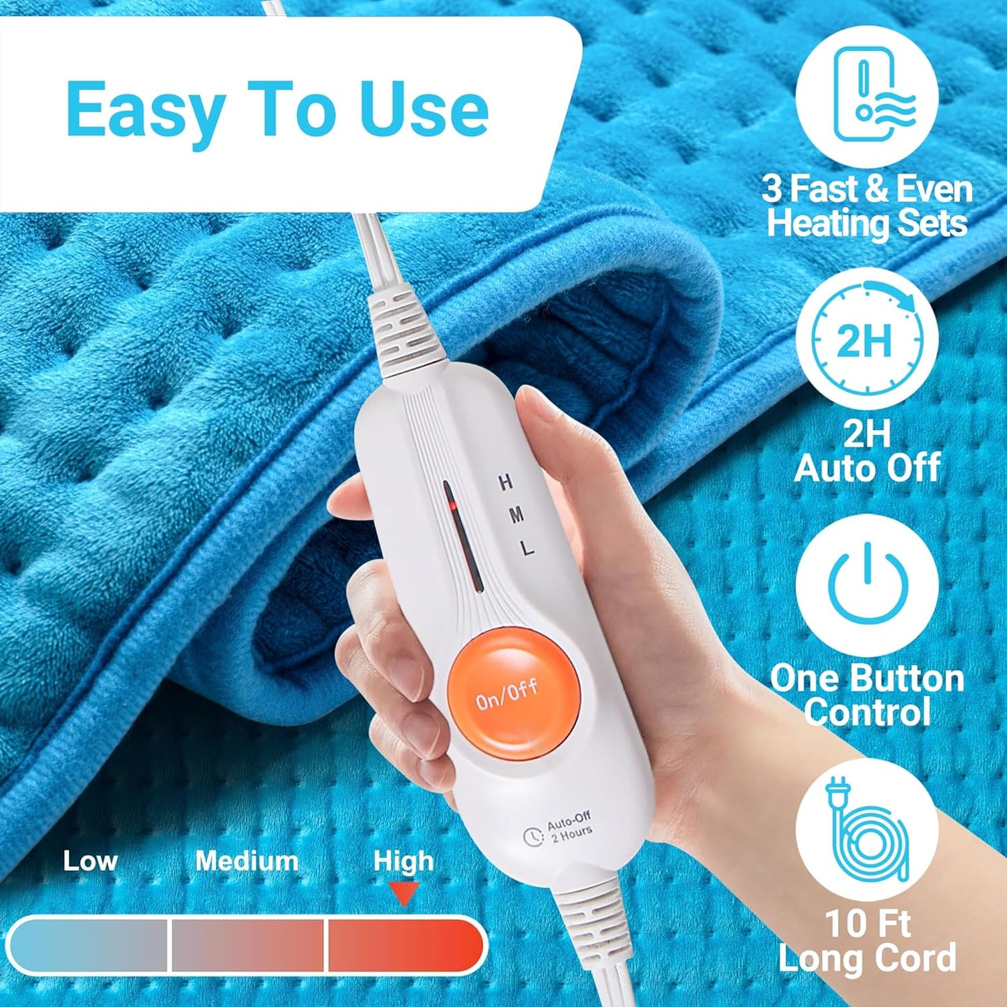 Boileau Electric Heating Pad for Back Pain and Period Cramps Relief, FSA Eligible17 x33 Extra Large XXXL, HSA 3 Heating Levels Heat Pad with 2-Hour Auto Shut Off, Gifts for Women and Mom, Blue