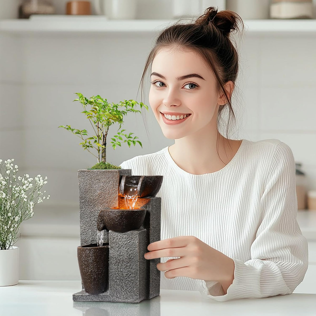 Resin Tabletop Waterfall Fountain with LED Light & Plant Pot, Indoor Desk Water Fountains for Home Office Decor (22028N)