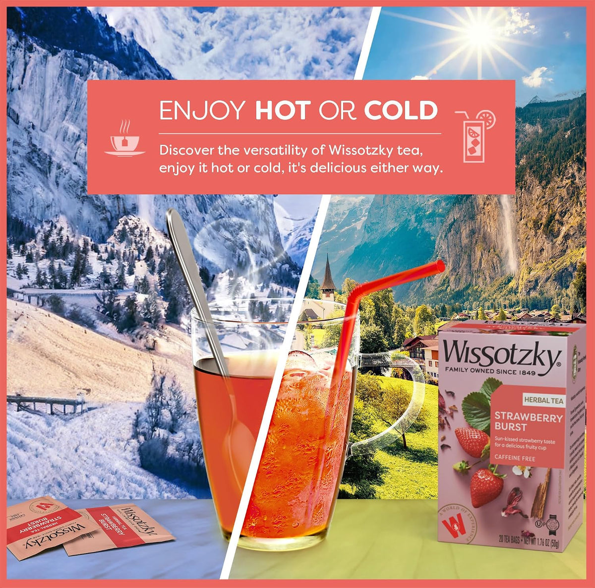 Wissotzky Strawberry Burst Herbal Tea, 20 Tea Bags | Fruity Blend | Caffeine Free Tea | Antioxidant Rich