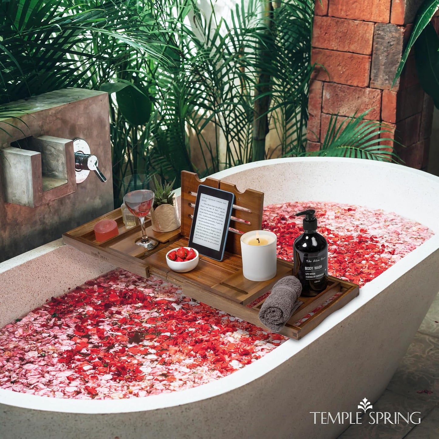 Temple Spring Bamboo Bathtub Tray Caddy for Tub — Expandable Wood Bath Tray with Solid Book Stand Wine Holder and Non-Slip Pads — Includes Bamboo Soap Dish and Spa Accessories — Luxury Bath Gift Set