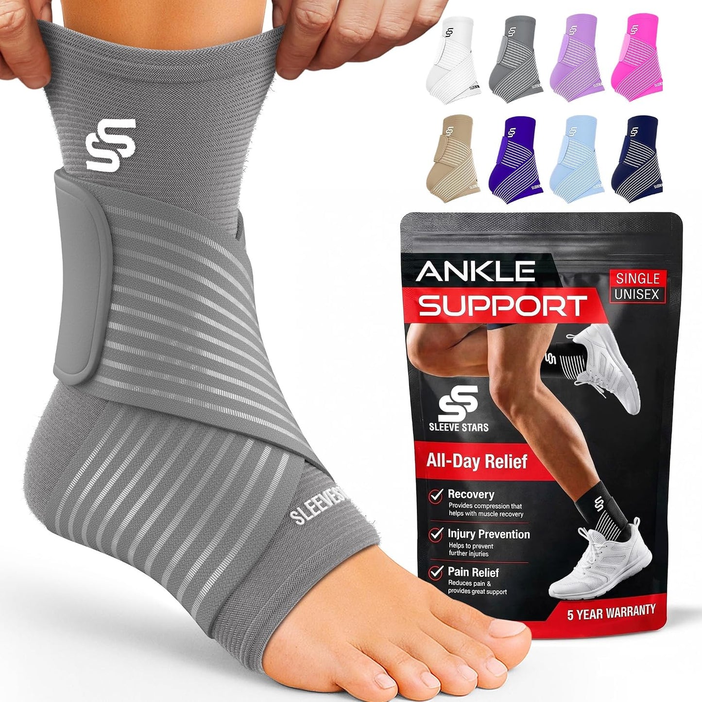Sleeve Stars Ankle Brace for Women & Men, Ankle Wrap for Sprain, Compression Sleeve for Plantar Fasciitis Relief, Easy Customizable Support: w/ Removable Strap (Single/M:10"-12"/Black)
