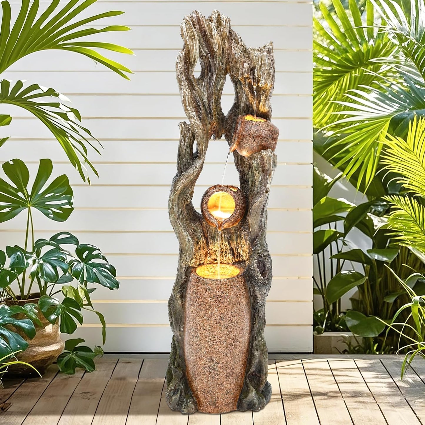 19.5" H 4-Tier Indoor & Outdoor Water Fountain with LED Lights | Resin Pebble Textured Tabletop Cascading Water Feature, Relaxing Decor for Patio, Porch, Deck, Yard & Home