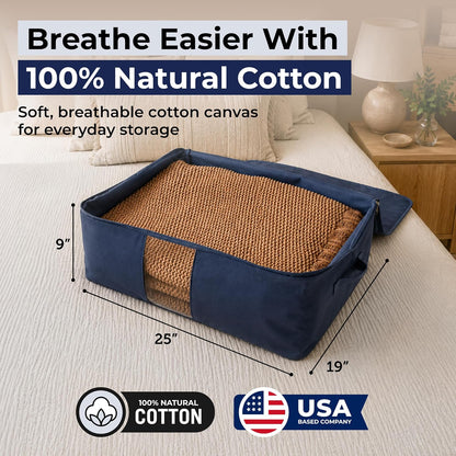 Soft Canvas Storage Bags with Zipper. Thick Breathable, 2pc King/Queen Comforter Organizer. Four Carrying Handles and Window. Large 25x19x9in Bag for Sheets Blankets Bedding Pillows, Clothes
