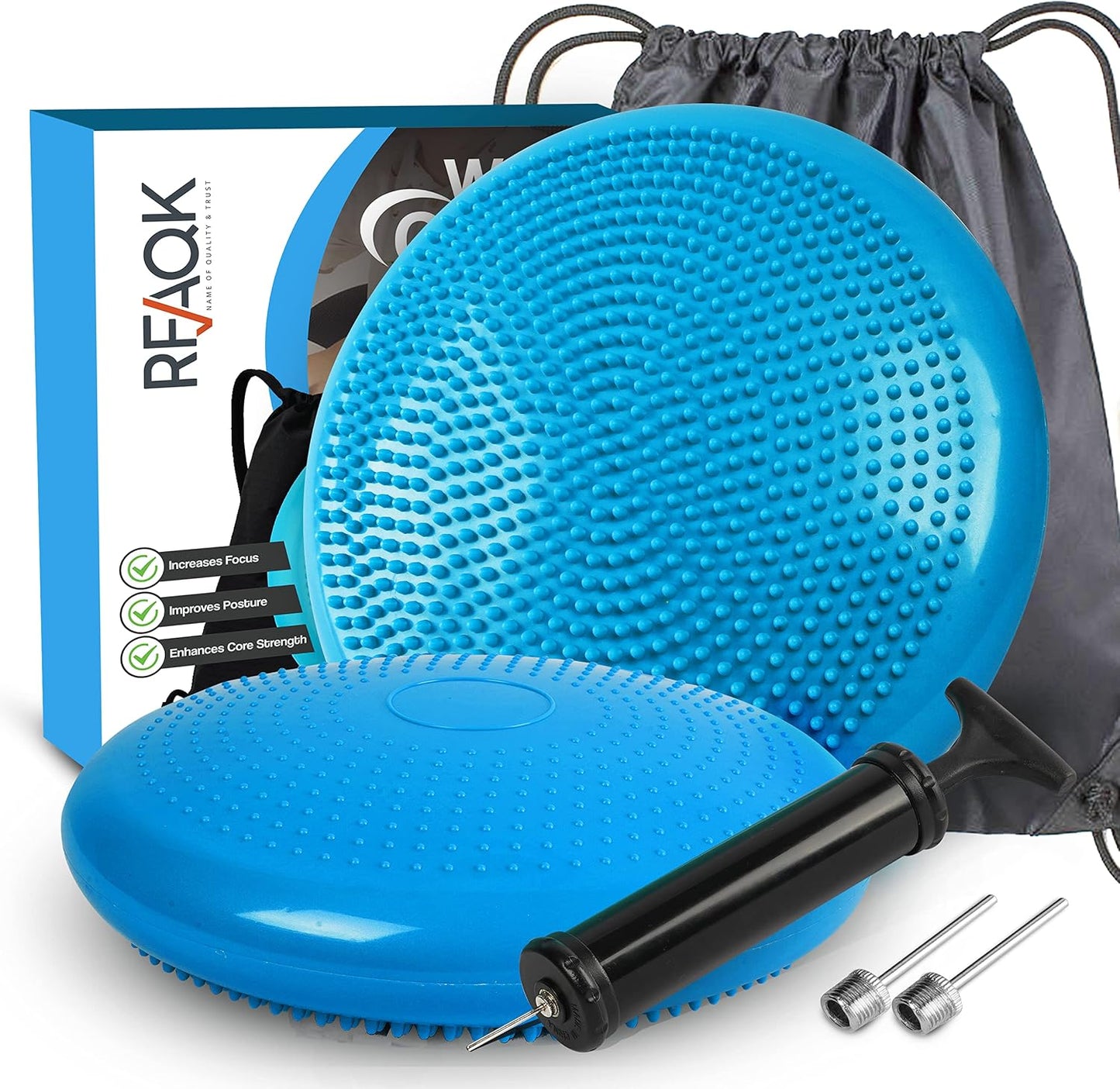 RFAQK Inflated Air Stability Wobble Cushion - Wiggle Seat to Improve Sitting Posture & Attention, Stability Balance Disc for Physical Therapy Exercise [Extra Thick, Pump, Bag, E-Book Included]