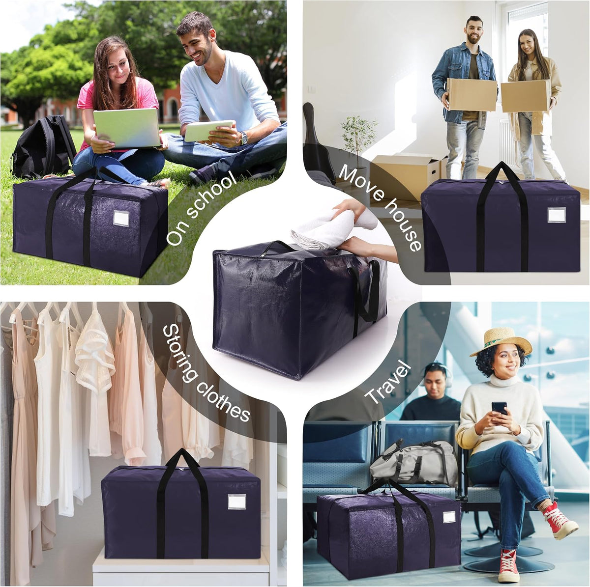 VELVETSURE Heavy Duty Extra Large Moving Bags W/Backpack Straps - Strong Handles & Zippers, Storage Totes For Space Saving, Fold Flat, Alternative to Box and Bin (Set of 6, Multicolor)