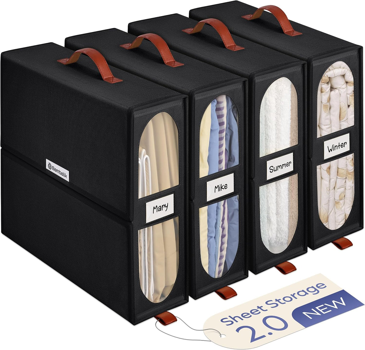 4x Bed Sheet Organizer Storage Boxes with Big See-Through Windows - Bedsheet Organizers Redesigned. Robust Bed Sheet Storage -15x13x5 in. Sheet Organizers Containers (Off-White)