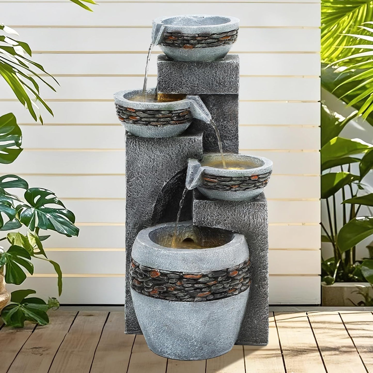 19.5" H 4-Tier Indoor & Outdoor Water Fountain with LED Lights | Resin Pebble Textured Tabletop Cascading Water Feature, Relaxing Decor for Patio, Porch, Deck, Yard & Home