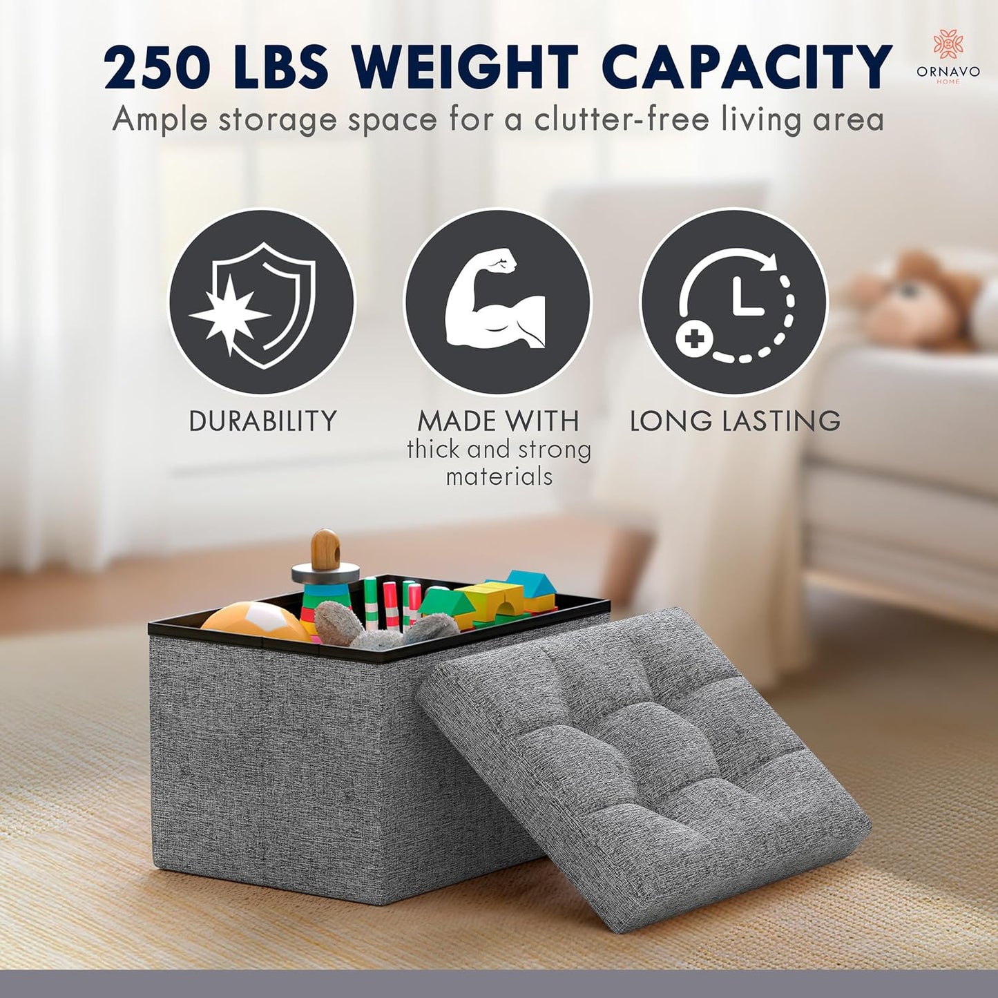 Ornavo Home Small Storage Ottoman Foldable Collapsible Rectangle Linen Ottoman Foot Rest Stool Seat, for Living Room, Bedroom, Home Office, Dorm - 12 x 16 x 12, Black