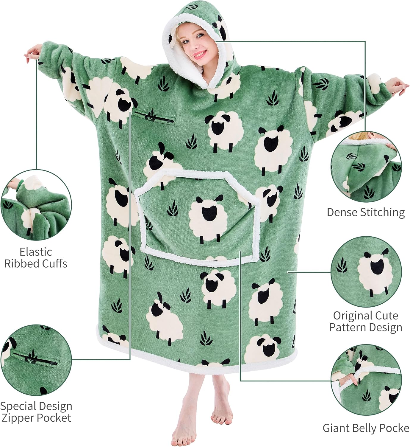 IFNOW Wearable Blanket Hoodie, Oversized Sherpa Fleece Hooded Blanket Sweatshirt with Eye Mask and Pocket, Comfy Long Flannel Blanket for Adults Men,Gifts for Women Mom Girlfriend,MoonFace