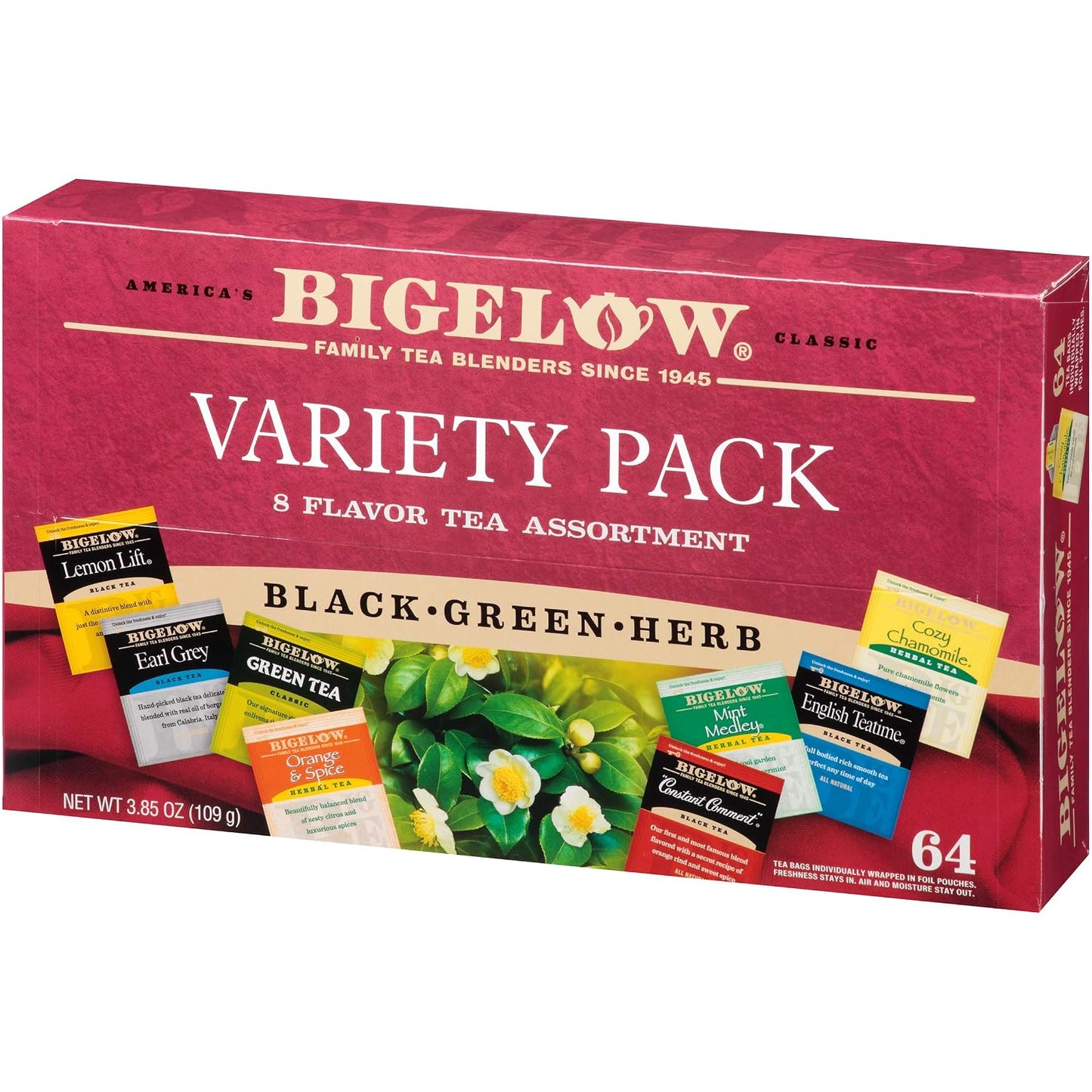 Bigelow Tea Caffeine Free 6 Flavor Herbal Tea Variety Pack, Decaf Tea with Mint Medley, Cozy Chamomile, Orange and Spice, Sweet Dreams, Perfect Peach, and Lemon Ginger, (Pack of 6), 118 Total Tea Bags