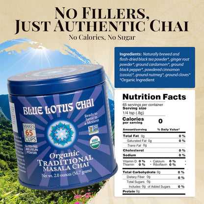 Blue Lotus Chai - Traditional Masala Chai - Makes 100 Cups - 3 Ounce Masala Spiced Chai Powder with Organic Spices - Instant Indian Tea No Steeping - No Gluten