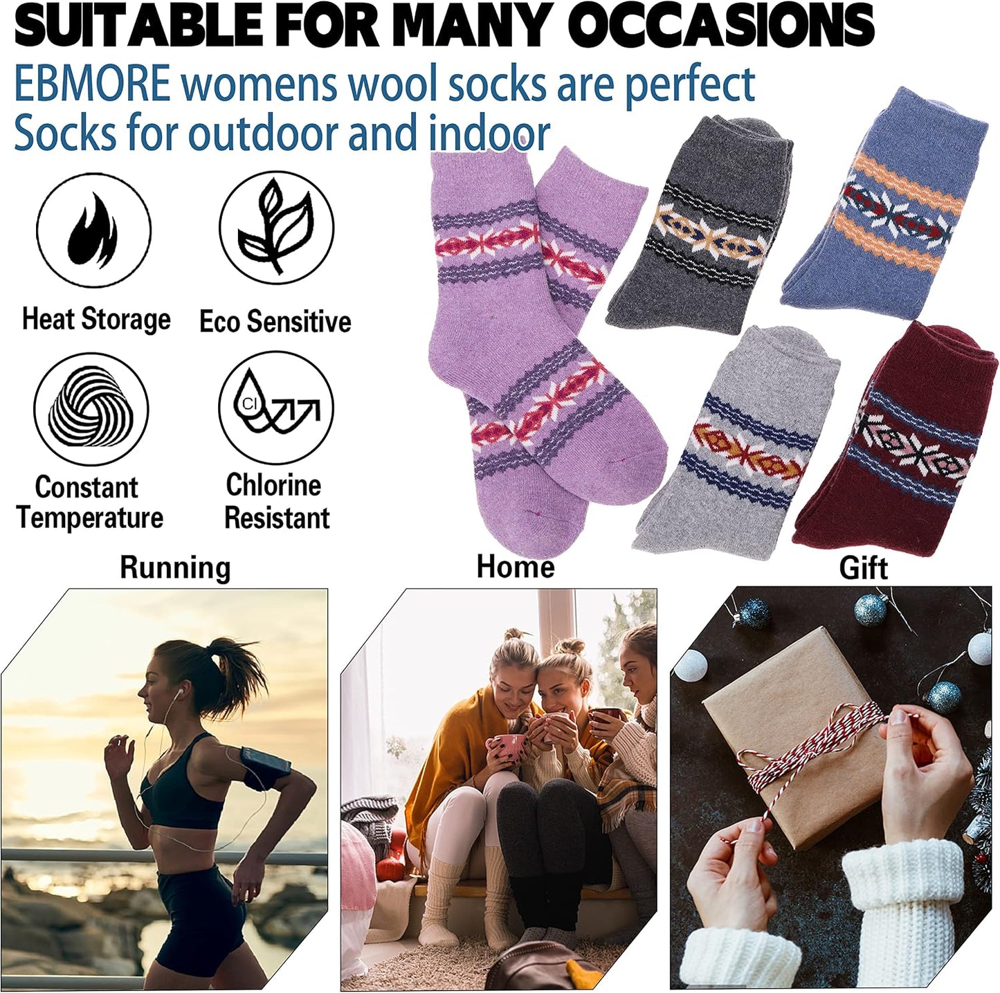 EBMORE Merino Wool Socks for Women Hiking Thermal Warm Winter Thick Boot Cozy Crew Comfy Work Socks for Ladies 5 Pairs