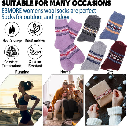 EBMORE Merino Wool Socks for Women Hiking Thermal Warm Winter Thick Boot Cozy Crew Comfy Work Socks for Ladies 5 Pairs