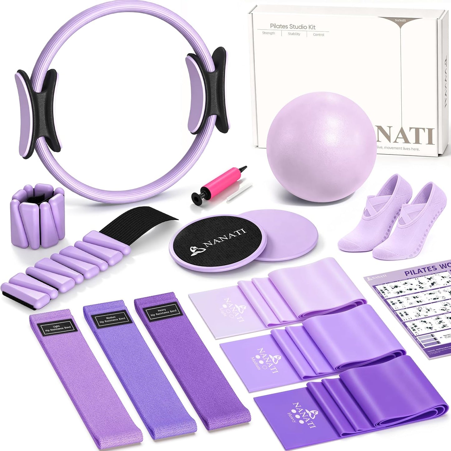 NANATI Pilates Kit, Home Pilates Workout Kit for Women, Pilates Equipment with 14.5" Pilates Ring and Ball, Resistance Bands, Ankle Weights, Sliders & Grip Socks for Home Workouts