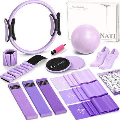 NANATI Pilates Kit, Home Pilates Workout Kit for Women, Pilates Equipment with 14.5" Pilates Ring and Ball, Resistance Bands, Ankle Weights, Sliders & Grip Socks for Home Workouts