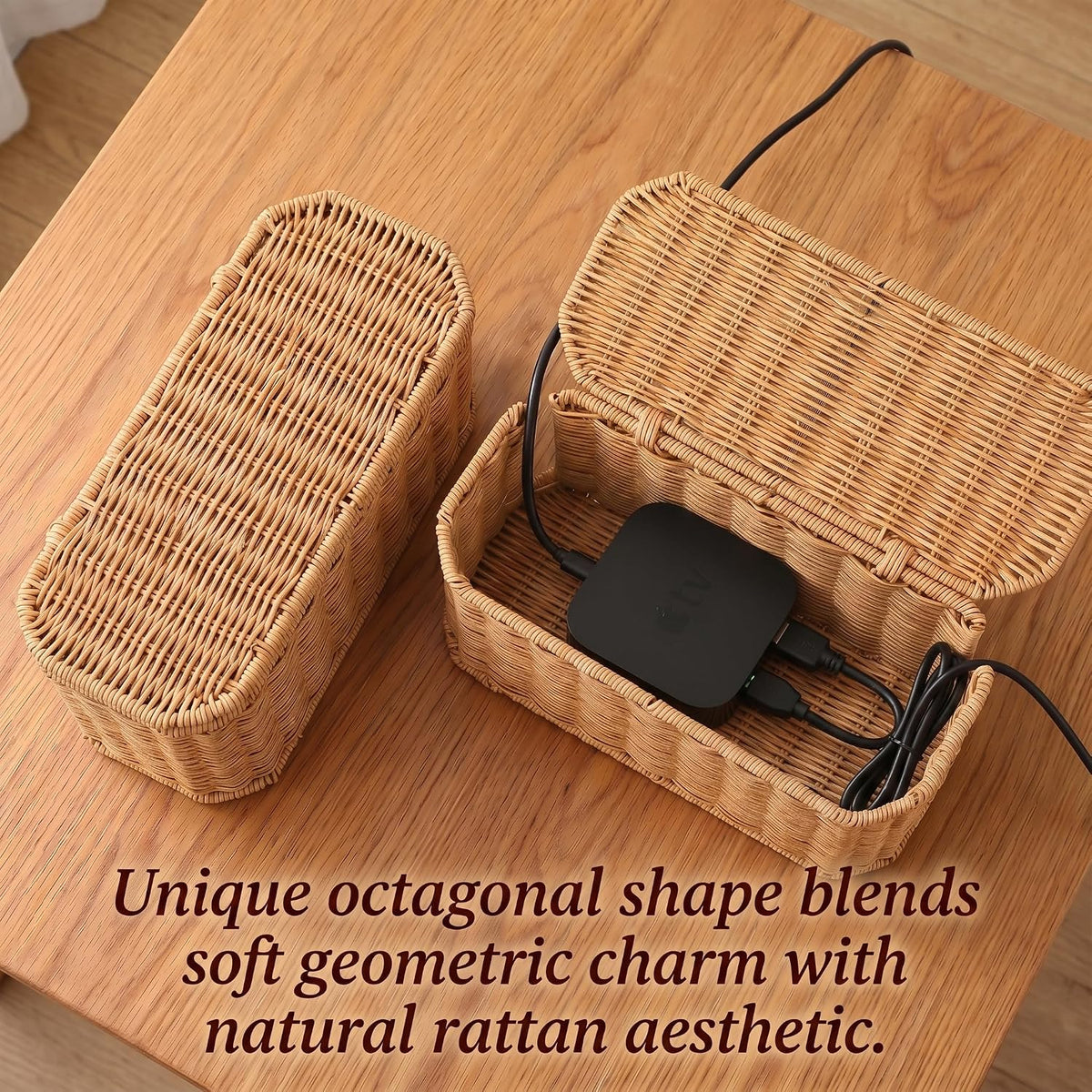 Rattan Cable Management Box, Cord Organizer to Hide Cords & Power Strip