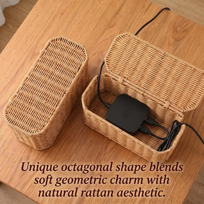 Rattan Cable Management Box, Cord Organizer to Hide Cords & Power Strip