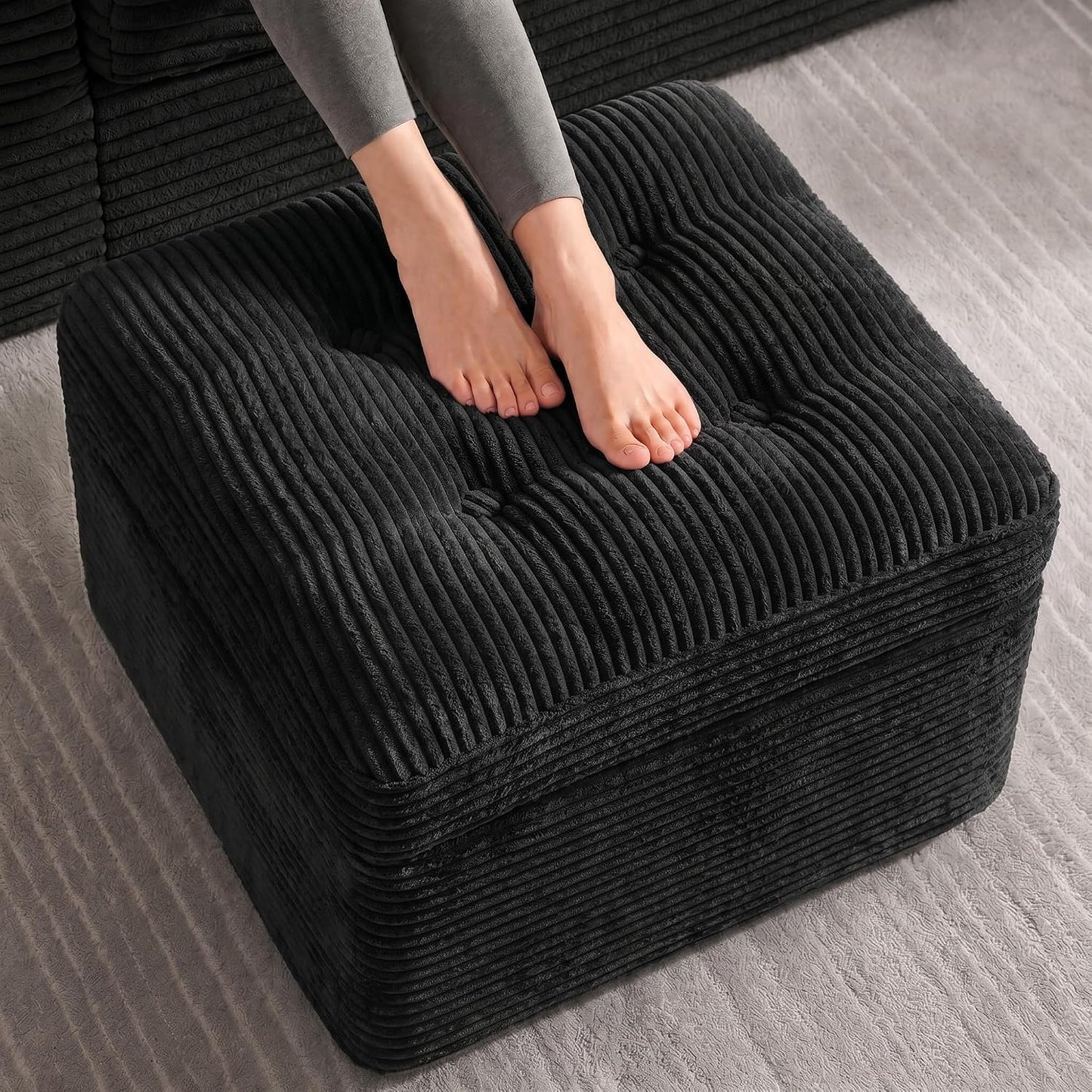 23.6in Pouf Ottoman, Corduroy Ottoman Foot Rest with Dual‑Layer Support, Large Plush Pouf with Soft Chunk‑Foam Top & Firm Foam Base, Floor Foot Stool for Living Room, Beige