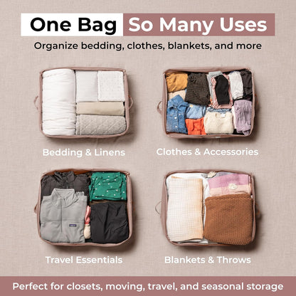 Soft Canvas Storage Bags with Zipper. Thick Breathable, 2pc King/Queen Comforter Organizer. Four Carrying Handles and Window. Large 25x19x9in Bag for Sheets Blankets Bedding Pillows, Clothes