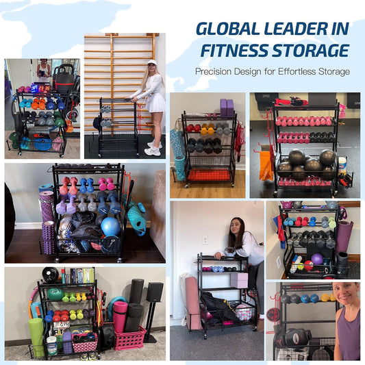 PLKOW Dumbbell Rack, Weight Rack for Dumbbells, Home Gym Storage for Dumbbells Kettlebells Yoga Mat and Balls, All in One Workout Storage with Wheels and Hooks, Powder Coated Finish Steel