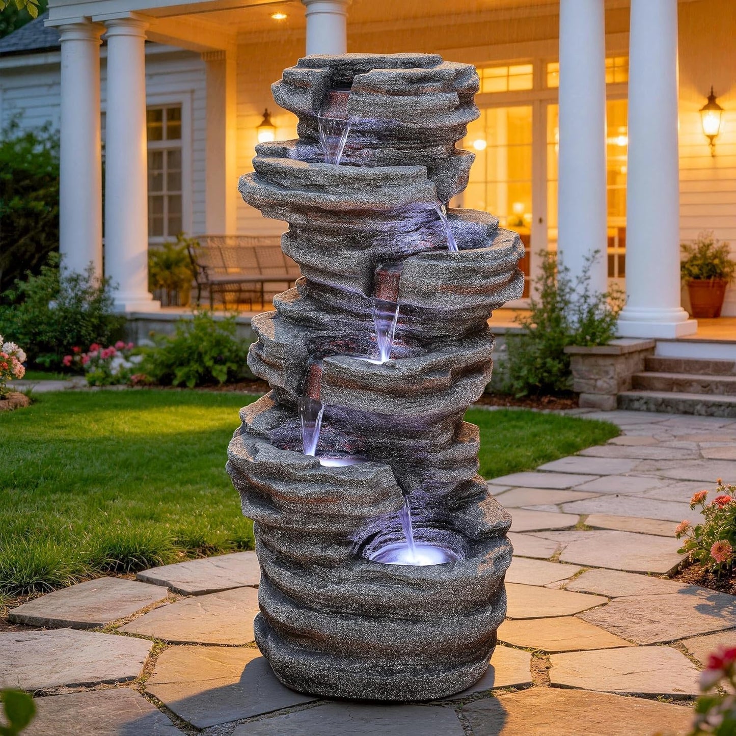 19.5" H 4-Tier Indoor & Outdoor Water Fountain with LED Lights | Resin Pebble Textured Tabletop Cascading Water Feature, Relaxing Decor for Patio, Porch, Deck, Yard & Home