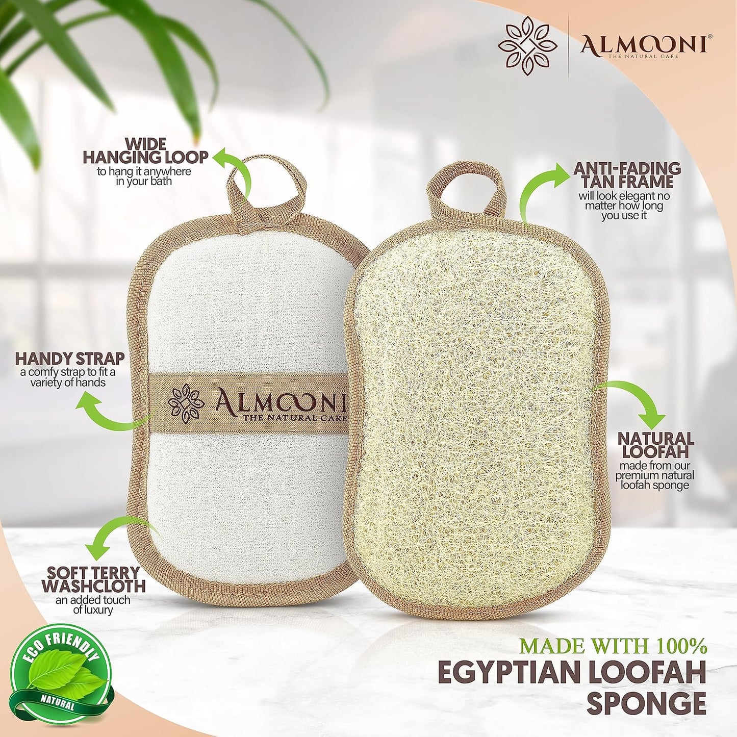 Almooni Natural Loofah Exfoliating Body Scrubber, Made with Natural Egyptian Shower Loofah Sponge, Bath Shower Loofah Sponge for Women and Men, for Face and Body That Gets You Clean - 2 Count (1 Pack)