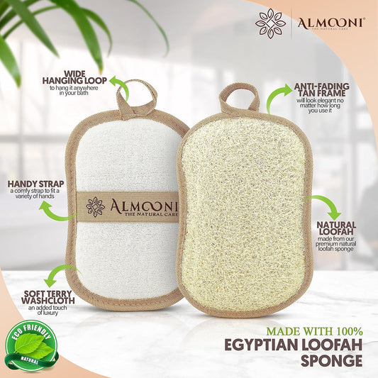 Almooni Natural Loofah Exfoliating Body Scrubber, Made with Natural Egyptian Shower Loofah Sponge, Bath Shower Loofah Sponge for Women and Men, for Face and Body That Gets You Clean - 2 Count (1 Pack)