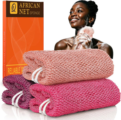 UJFQBH 3 Pieces African Bath Sponge African Net Long Net Bath Sponge Exfoliating Shower Body Scrubber Back Scrubber Skin Smoother,Great for Daily Use (Pink,Yellow,Purple)