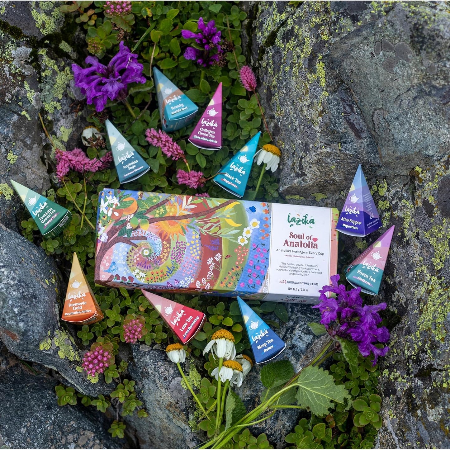 Lazika Tea Sampler with Premium Presentation Box, 10 Counts, Mothers Day Gifts, 2 of Each Blend Individually Wrapped, Black, Green and Herbal Tea Variety Gift Set, Collection with Pyramid Infuser Bag
