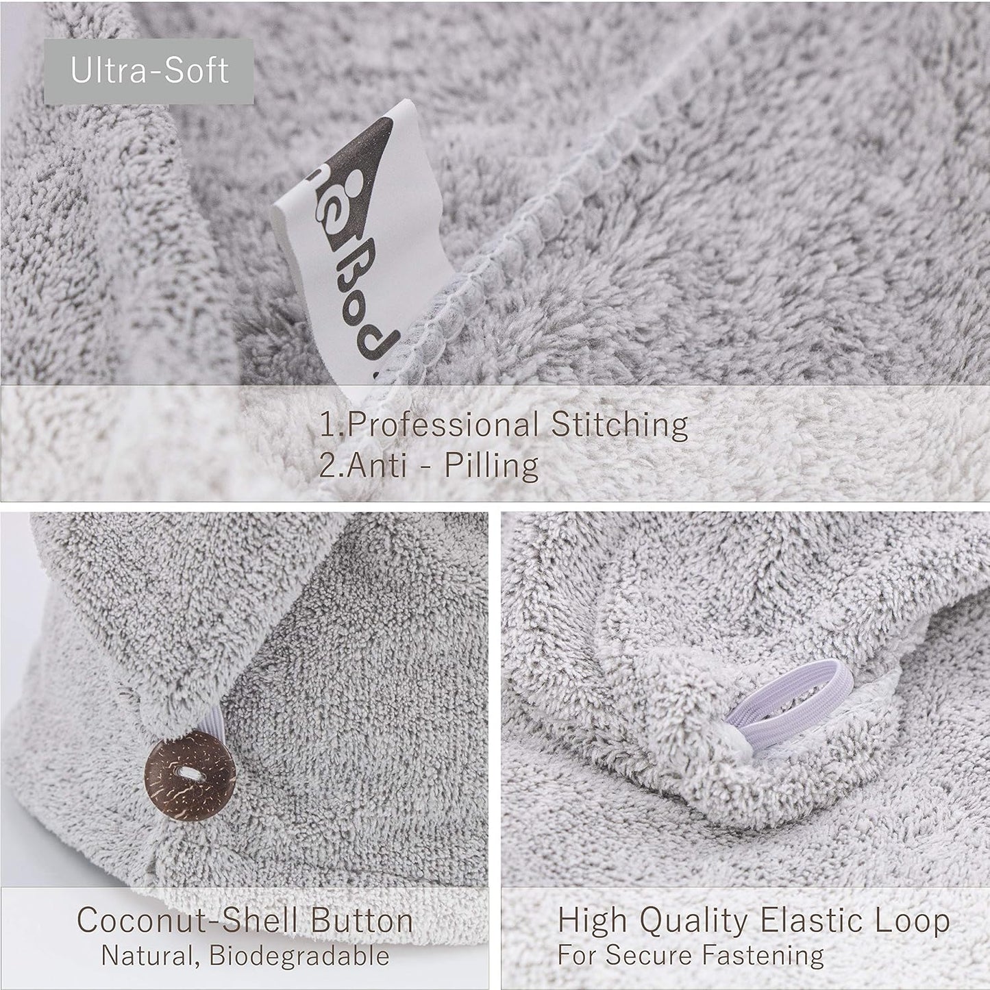 myHomeBody Hair Towel Wrap, Luxury Quick Drying Turban, Ultra Soft Absorbent Charcoal Fiber Cap, with Coconut Shell Button – Gray