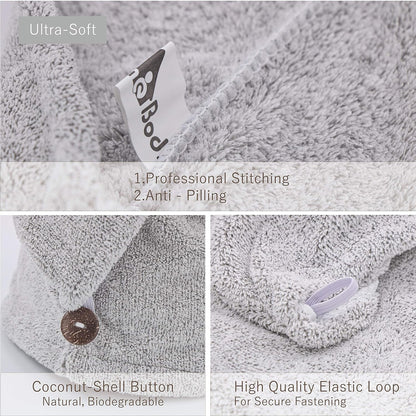 myHomeBody Hair Towel Wrap, Luxury Quick Drying Turban, Ultra Soft Absorbent Charcoal Fiber Cap, with Coconut Shell Button – Gray