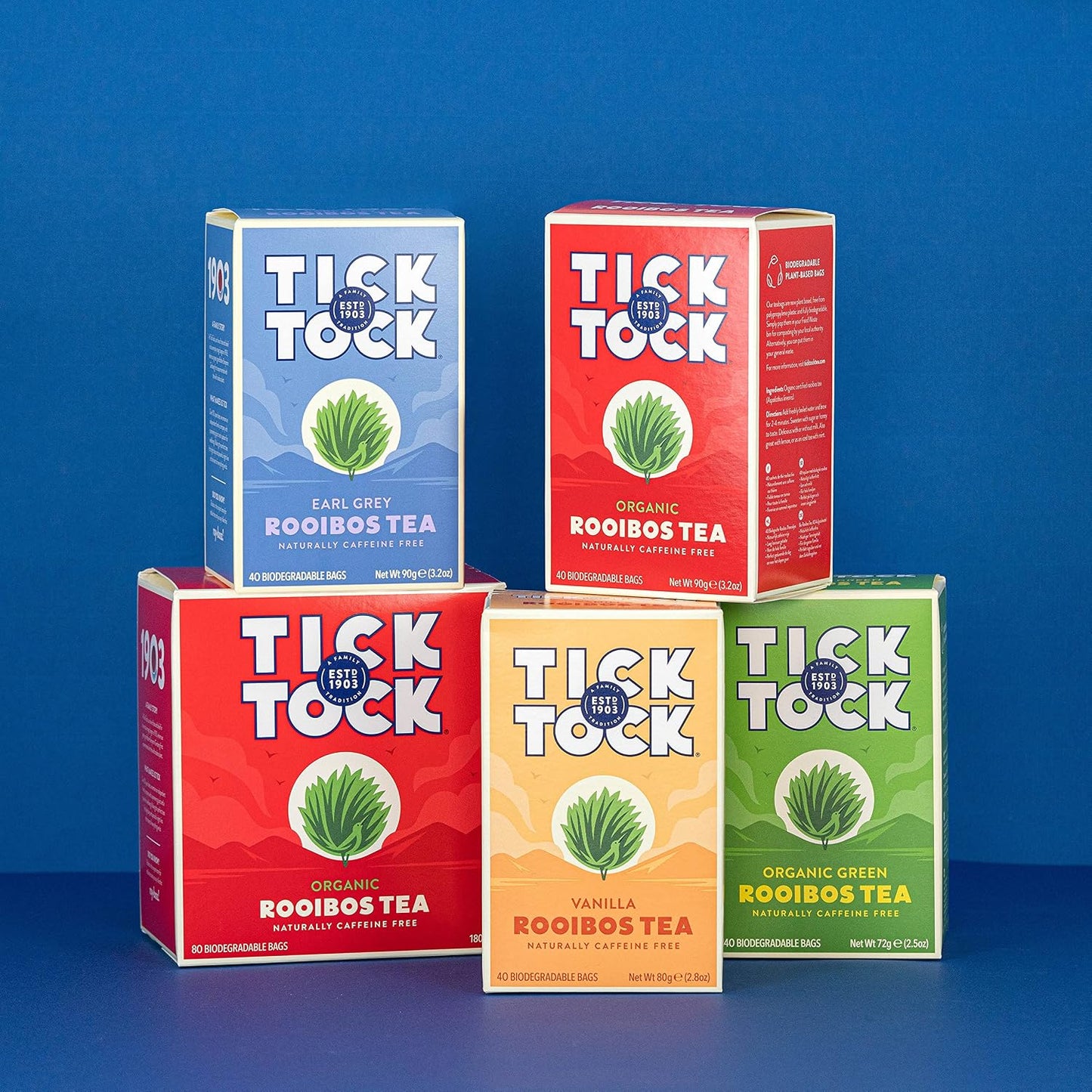 TICK TOCK TEAS Organic Rooibos Tea Bags - Naturally Caffeine Free Red Bush Herbal Tea from South Africa | Smooth & Rich Flavor, Low Tannin, Enjoy Hot or Iced with Milk, Lemon, or Honey - 80 Count