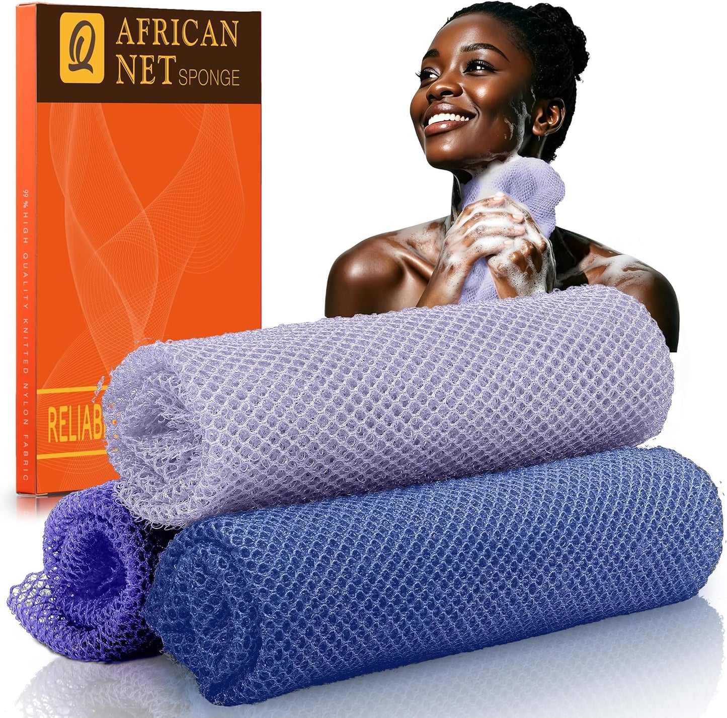 UJFQBH 3 Pieces African Bath Sponge African Net Long Net Bath Sponge Exfoliating Shower Body Scrubber Back Scrubber Skin Smoother,Great for Daily Use (Pink,Yellow,Purple)