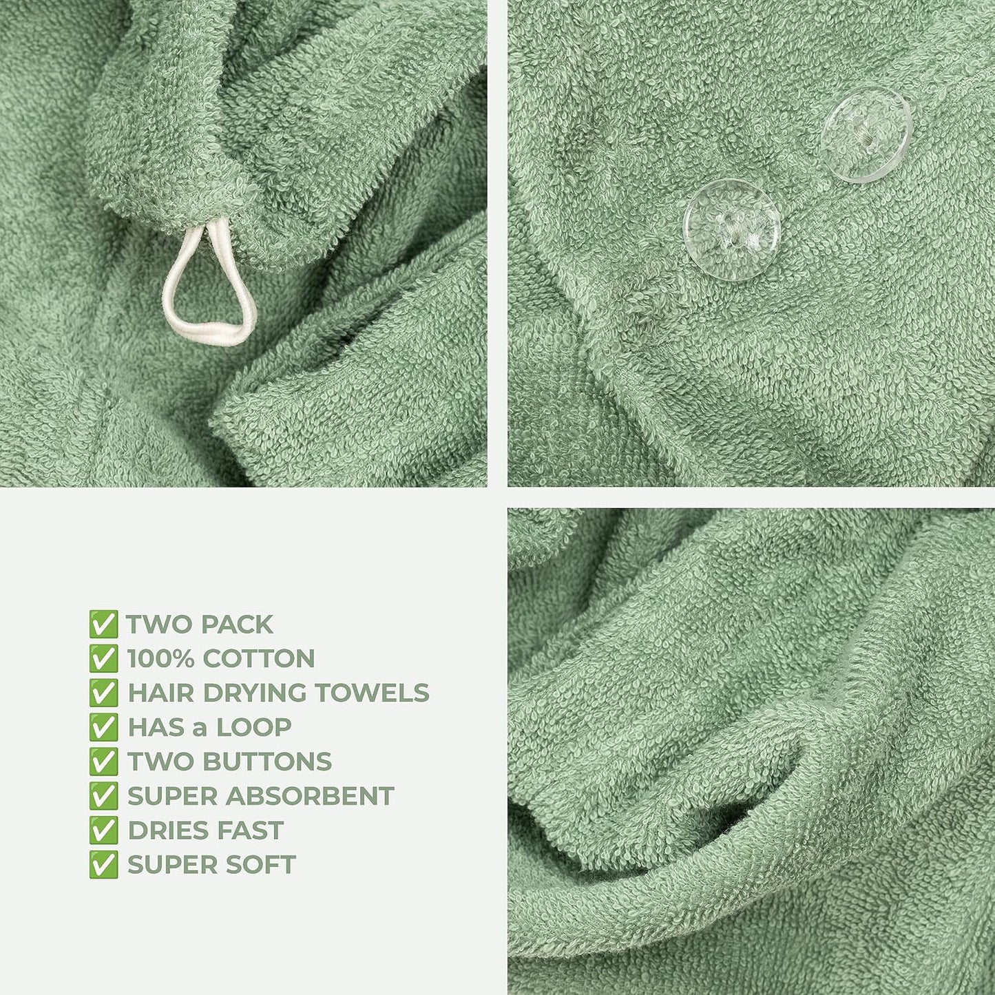 American Soft Linen 100% Cotton Hair Towels for Women, Head Towel Cap, Cotton Hair Turban Towel Wrap for Long Curly Anti Frizz Hair, Soft and Absorbent Cotton Hair Towels 2 Pack, White