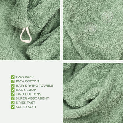 American Soft Linen 100% Cotton Hair Towels for Women, Head Towel Cap, Cotton Hair Turban Towel Wrap for Long Curly Anti Frizz Hair, Soft and Absorbent Cotton Hair Towels 2 Pack, White