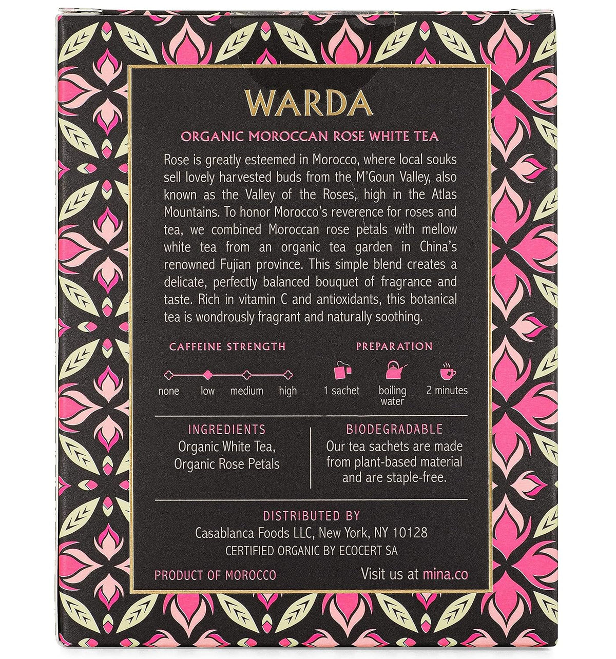 Mina Warda Organic Moroccan Rose White Tea, 15 Biodegradable Sachets - Rose Tea Bags, White Tea with Moroccan Rose Petals, Organic White Tea Bags, Low Caffeine Tea