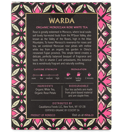 Mina Warda Organic Moroccan Rose White Tea, 15 Biodegradable Sachets - Rose Tea Bags, White Tea with Moroccan Rose Petals, Organic White Tea Bags, Low Caffeine Tea