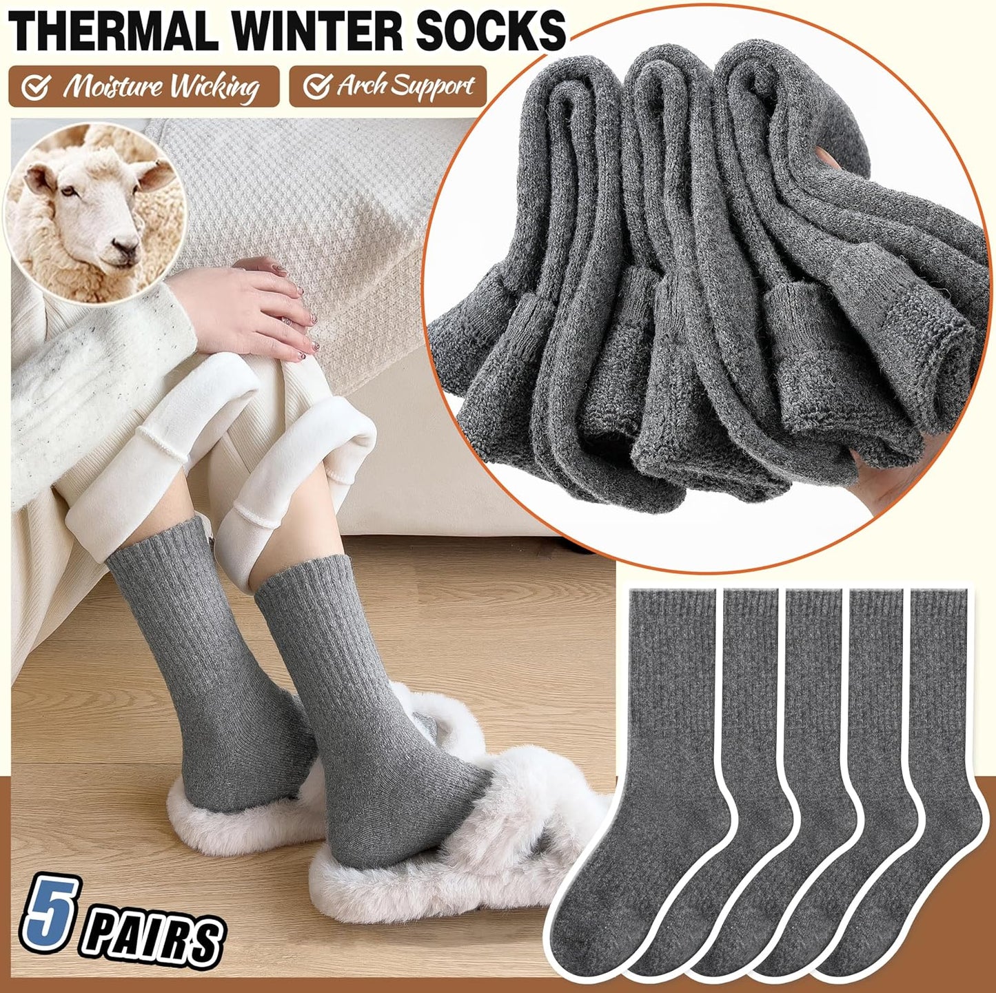 EBMORE Merino Wool Socks for Women Hiking Thermal Warm Winter Thick Boot Cozy Crew Comfy Work Socks for Ladies 5 Pairs