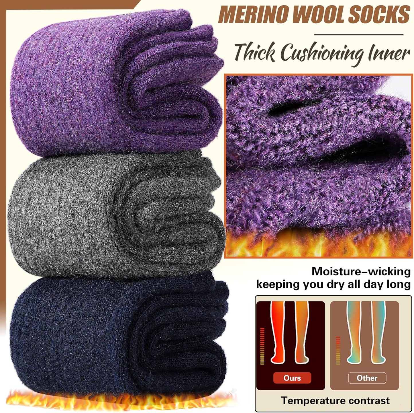 EBMORE Merino Wool Socks for Women Hiking Thermal Warm Winter Thick Boot Cozy Crew Comfy Work Socks for Ladies 5 Pairs