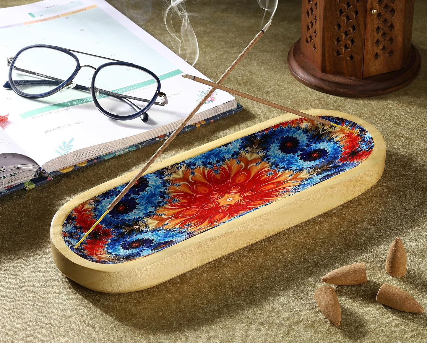 Bless-International Traditional-Handmade-Tray-Burner Wooden-Trat-Incense-Stick-Holder Ash-Catcher-Stand for-Aromatherapy-Meditation-Yoga (11x4x1.22 Inches)