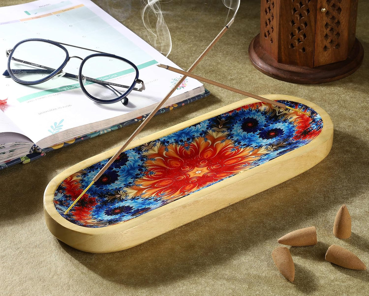 Bless-International Traditional-Handmade-Tray-Burner Wooden-Trat-Incense-Stick-Holder Ash-Catcher-Stand for-Aromatherapy-Meditation-Yoga 11x4x1.22 Inches (Wooden Tray)