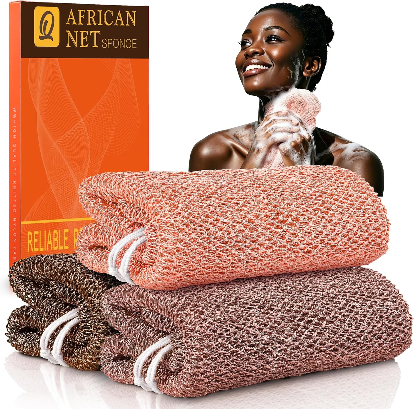 UJFQBH 3 Pieces African Bath Sponge African Net Long Net Bath Sponge Exfoliating Shower Body Scrubber Back Scrubber Skin Smoother,Great for Daily Use (Pink,Yellow,Purple)