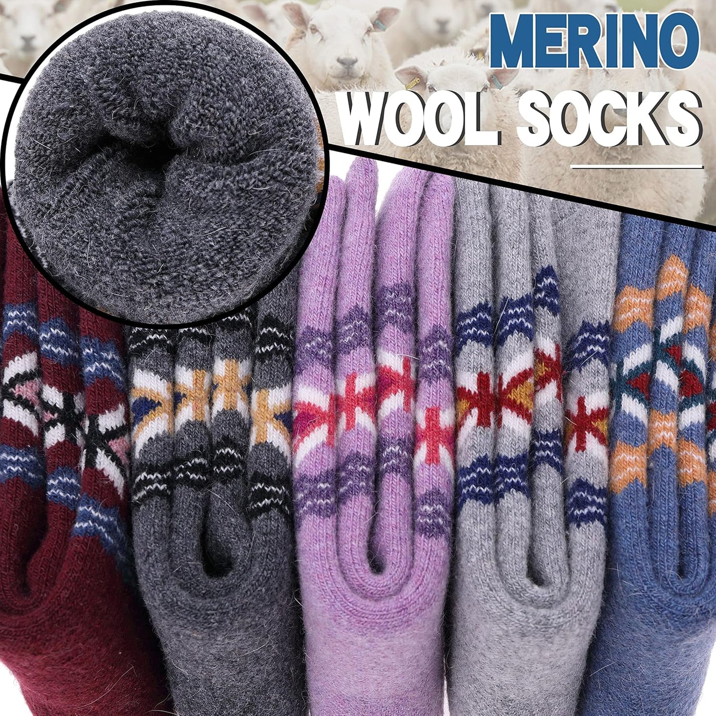 EBMORE Merino Wool Socks for Women Hiking Thermal Warm Winter Thick Boot Cozy Crew Comfy Work Socks for Ladies 5 Pairs