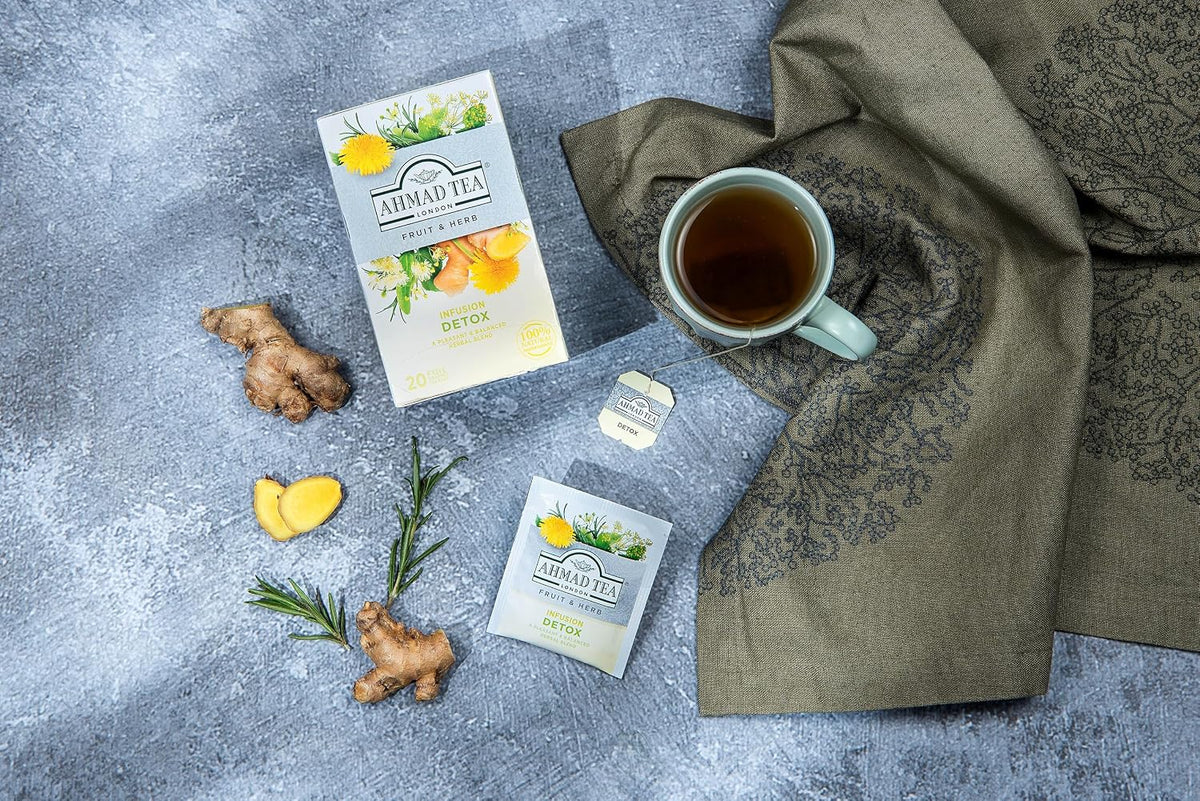 Ahmad Tea Herbal Tea, Ginger, Peppermint, Fennel, Dandelion, & Birch 'Detox' Teabags, 20 ct (Pack of 1) - Decaffeinated & Sugar-Free